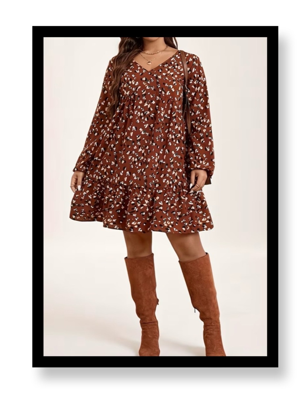 🆕 Women’s Plus Size Dark Brown Floral Long-Sleeve Tiered Mini Dress